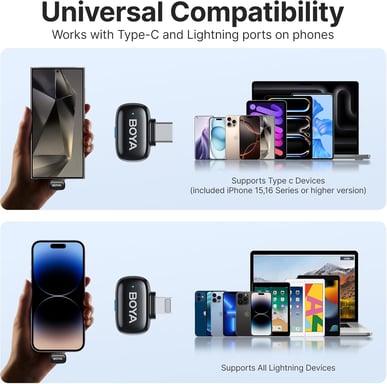 Boya Mini-12 – Micro sans fil 5g, réduction de bruit, USB-C/Lightning.
