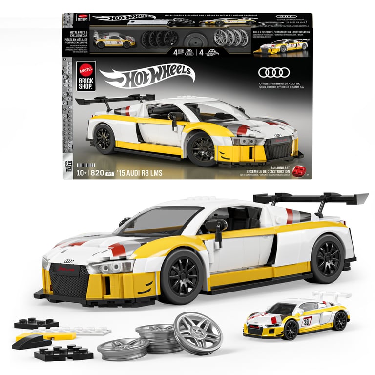 Mattel Brick Shop Hot Wheels Coffret de Construction Audi R8 LMS de 2015 Mattel Brick Shop de la série Elite avec 820 pièces détails réalistes et Autocollants personnalisés JFT18