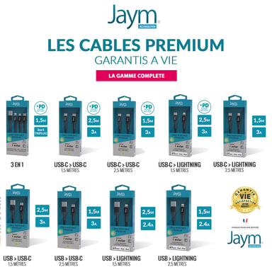 Jaym - Cavo Premium 2,50 m - Da USB-C a USB-C (compatibile con Android e Apple) - Carica rapida 3A Power Delivery - Garanzia a vita - Ultra robusto - Lunghezza 2,5 metri