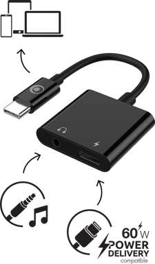 Adaptateur Audio USB C 60W PD vers Jack 3.5mm + Charge USB C 12cm Noir Bigben