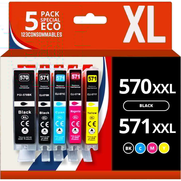 123CONSOMMABLES 570 571XL Cartouche d'encre Compatibles avec Canon 570 571 pour Canon PIXMA TS5055 TS5050 MG5750 TS5053 MG6852 MG6850 MG5700 MG5752 MG5753 8 / 4 Cyan / 4 / 4 Jaune Neuf - vue 3