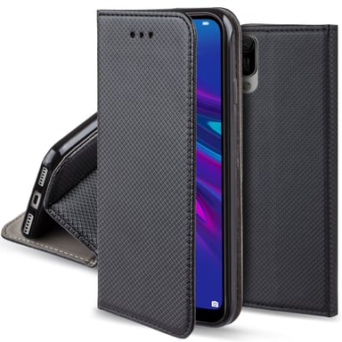 Moozy Case Flip Cover pour Huawei Y6 2019, Noir - Étui à Rabat Magnétique Intelligent avec Porte-Cartes et Support