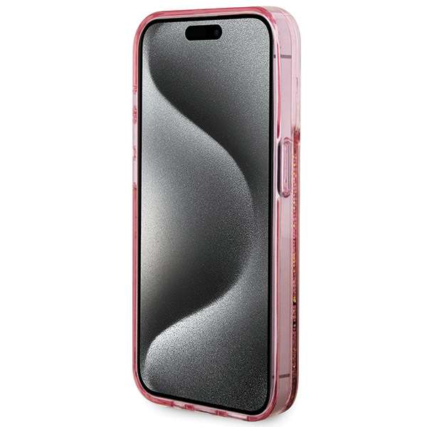 Guess Étui pour iPhone 15 Pro 6.1 rose étui rigide Liquid Glitter Gold Stripes - vue 4