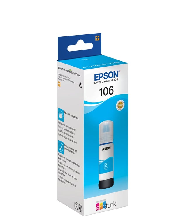 Bouteille d'encre Epson 106 EcoTank Cyan 70 ml C13T00R240 - Neuf