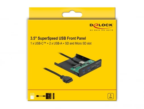Pannello frontale DeLOCK 3.5? USB 5 Gbps, 1 USB Tipo-C + 2 USB Tipo-A + slot SD e Micro SD