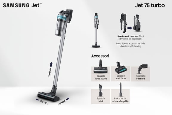 Samsung Jet 75 turbo Aspiradora escoba Batería Secar HEPA Sin bolsa 0,8 L 550 W Negro, Cromo, Color menta, Verde azulado