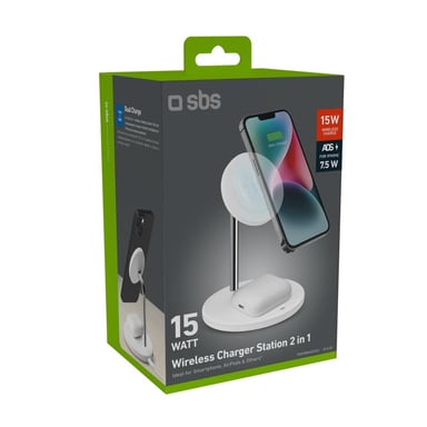 SBS TEWIRMAG2IN1 cargador de dispositivo móvil Auriculares, Teléfono móvil Blanco USB Cargador inalámbrico Carga rápida Interior