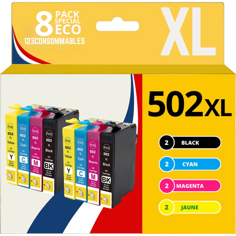 123CONSOMMABLES 502XL Cartouches d'encre Compatible pour Epson 502 pour Epson Expression Home XP 5100 XP5100 XP 5105 XP 5150 XP 5155 Workforce WF 2860 WF 2865 WF 2880 WF 2885 8 pack Neuf
