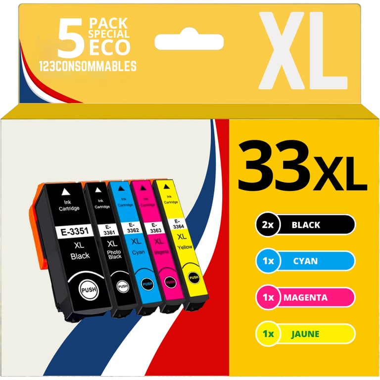 123CONSOMMABLES 33XL Pack 5 Cartouches d'encre Compatible pour Epson 33 pour Expression Premium XP 540 XP 530 XP 830 XP 7100 XP 900 XP 640 XP 630 XP 635 XP 645 Neuf