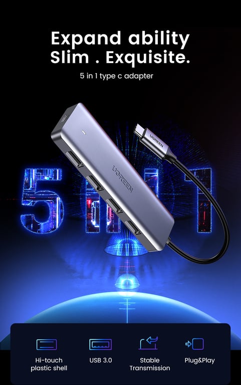 Hub USB C 5 en 1 UGREEN avec 4 ports USB 3.0 - vue 3