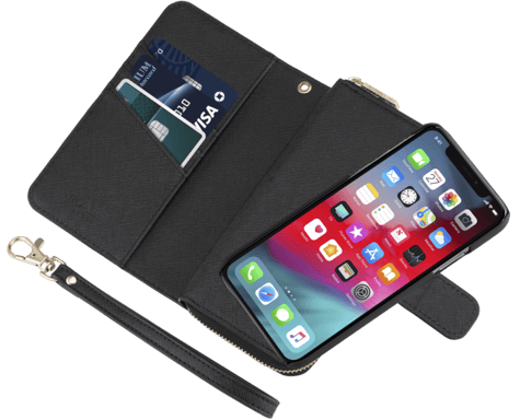 Custodia sottile a portafoglio staccabile 2 in 1 con motivo Saffiano per Apple iPhone X/XS, nero satinato