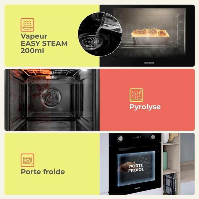 Four encastrable Pyrolyse + Chaleur pulsée + Vapeur Easy Steam ROSIERES RFC31P5874IP Porte froide - vue 3