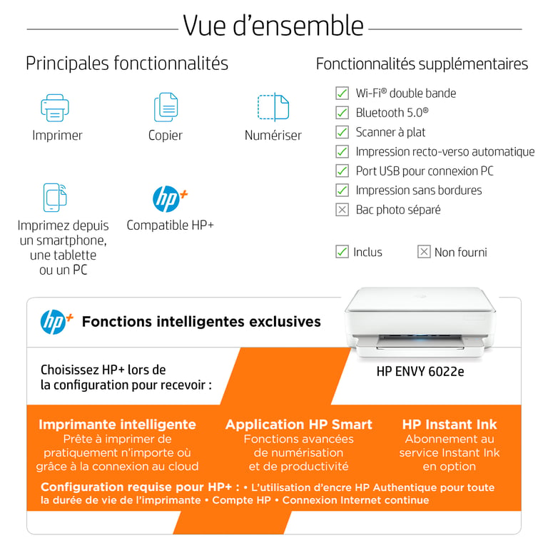 HP ENVY Imprimante Tout-en-un HP 6022e, Couleur, Imprimante pour Maison et Bureau à domicile, Impression, copie, numérisation, Sans fil; HP+, Éligibilité HP Instant Ink, Imprimer depuis un téléphone ou une tablette - Neuf