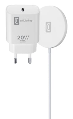 Cellularline Mag Kit Wireless Charger - iPhone 12 and later Base de carga inalámbrica magnética para sistema MagSafe y alimentador USB-C 20W