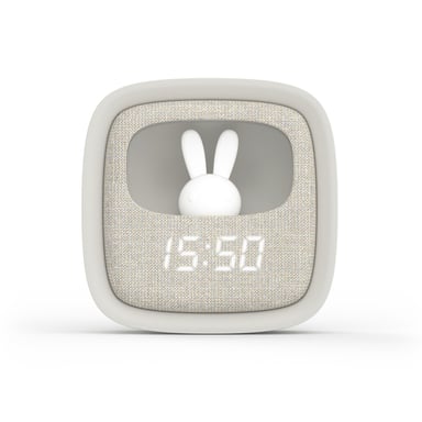 MOB – MOBILITY ON BOARD Réveil et Veilleuse pour Enfant Billy Clock - Motif Lapin - Face Avant Tissu - Cadre Plastique Soft-Touch - Programmation de la Date, de l'Heure et de 3 Alarmes (Gris)