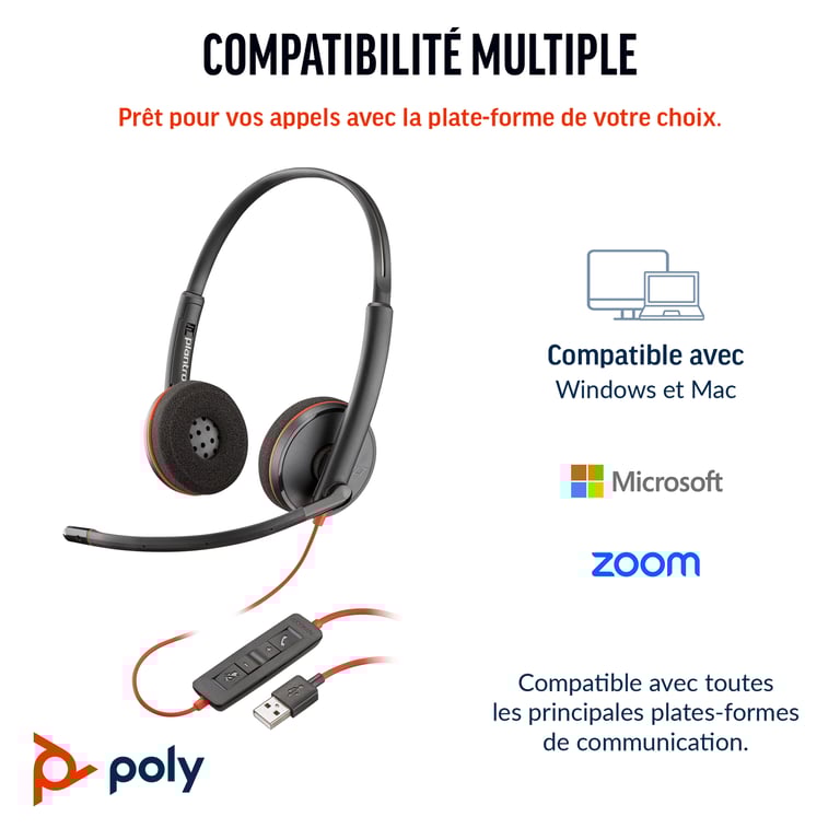 POLY Micro casque stéréo USB C Blackwire 3220 + adaptateur USB CA lot Neuf - vue 7