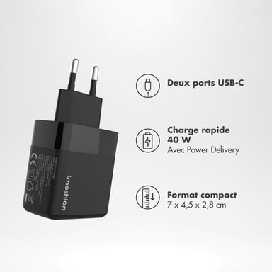 imoshion Adapteur secteur - Chargeur - 2x USB-C - Power Delivery - 40W - Noir