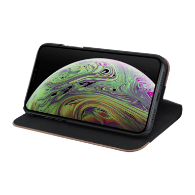 Coque clapet pour Apple iPhone XS Max, saffiano noir & bois de noyer naturel