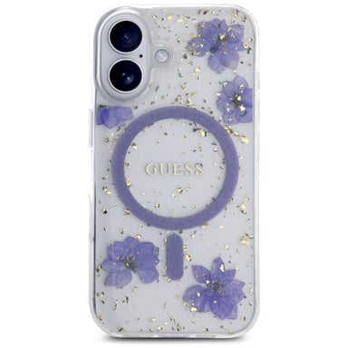 Étui Guess Resin Flowers Glitter MagSafe pour iPhone 16 violet