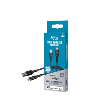 Jaym - Cable Premium 2,50 m - USB-A vers Lightning (Certifié MFI) compatible iPhone, iPad, AirPods, iWatch - Garanti à Vie - Ultra renforcé - Longueur 2,5 mètres