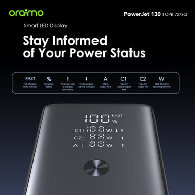 oraimo PowerJet 130 – Batterie externe 27 600mAh, charge rapide 130W, écran LED, triple port de sortie