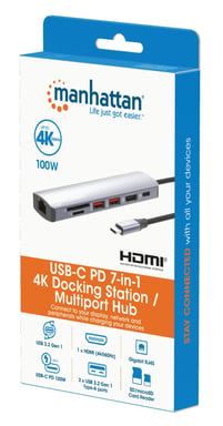 Manhattan Dock/hub USB-C con lector de tarjetas, puertos (5): Ethernet, HDMI, 2x USB-A y USB-C, con Power Delivery (PD) 100 W- requiere cargador USB-C externo (no incluido). Alimentado por USB (no requiere alimentación externa) cuando no se utiliza PD