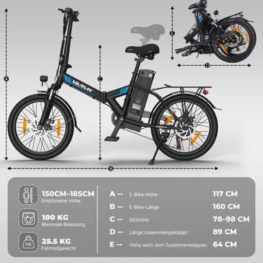 Vélo électrique pliable VARUN C20-1 pour adulte avec moteur 250 W et batterie amovible 48 V 13 Ah