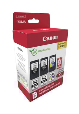 Canon PG-560XL/CL-561XL Pack de 3 Cartouches d'Encre Originales + Papier Photo Brillant GP-501 - 371