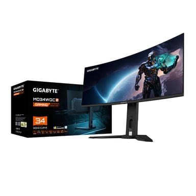 GIGABYTE 34'' MO34WQC2 Monitor OLED WQHD curvo da gioco - 3440 x 1440, 240Hz, 0,03ms, KVM, 250 cd/m², FreeSync Premium Pro, DisplayHDR True Black 400, HDMI 2.1, Displayport 1.4