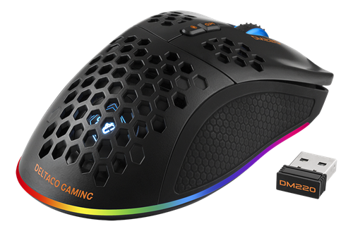 DELTACO GAMING - DM220 - Mouse ottico da gioco senza fili 4800 DPI, 1000 Hz, ultra leggero, RGB, 7 pulsanti