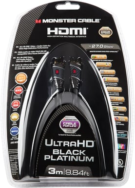 Câble HDMI Monster Black Platinum 3M - Résolution 4K - pour PC, Home Cinema ou Studio - Vidéo HDR - 27 GBPS - Vitesse Éclair - Connecteurs en Or - Garanti à Vie