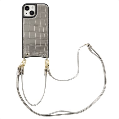 Selencia Coque de télephone Nova Croco avec cordon et porte-cartes pour Apple iPhone 15 - Argent
