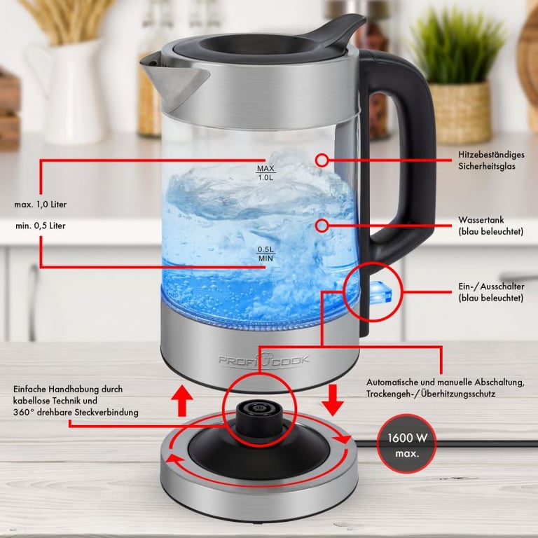 Bouilloire Électrique ProfiCook PC-WKS1229G – Verre 1L 1600W Sans BPA - vue 5