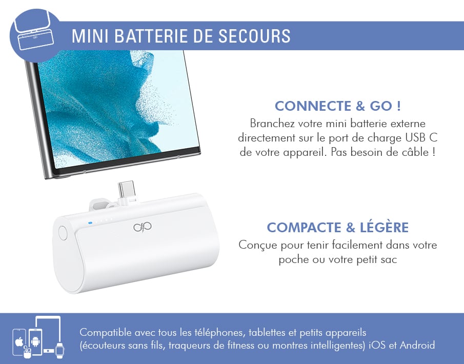 Powerbank 5000 mAh PD avec Connecteur USB C Intégré et Indicateurs LED Neuf - vue 5