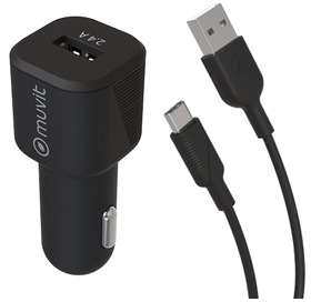 Muvit For Change Pack Chargeur Voiture 12W + Cable Usb C 1.2M Noir