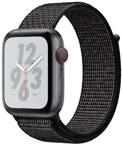 Watch Série 4 Nike+ GPS + Cellular 44 mm Gris spatial et le sangle Loop Nike Sport Noir MTXL2TY/A