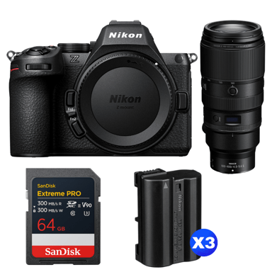 Appareil photo hybride Nikon Z5 II + 100-400mm f/4.5-5.6 VR S + 1 SanDisk 64GB Extreme PRO UHS-II + 3 Nikon EN-EL15c + Ebook ''20 astuces pour des images qui claquent''