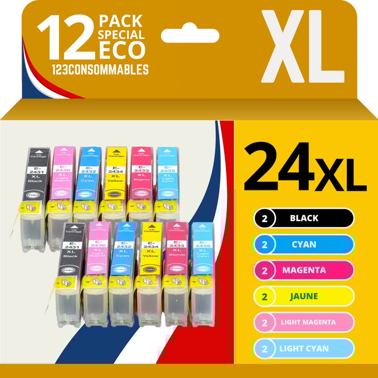 123CONSOMMABLES 24XL Cartouches d'encre Compatible pour Epson Expression Home XP 850 XP 750 XP 950 XP 55 XP 860 XP 760 XP 960 3 BK / 3 C / 3 / 3 Y / 3PC / 3PM Neuf