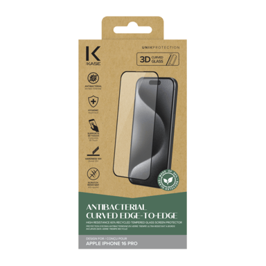 Pellicola protettiva antibatterica in vetro temperato con bordo curvo (60% di vetro temperato riciclato) per Apple iPhone 16 Pro, nero