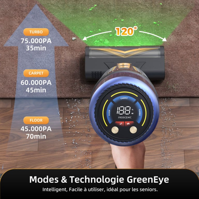 Proscenic Aspirateur balai sans fil P15 Autonaumie 70 min Aspiration puissant 55Kpa Greeneye¿ Technologie - vue 4