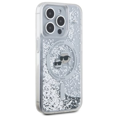 Custodia Karl Lagerfeld per iPhone 15 Pro Max 6,7'' Liquid Glitter custodia rigida trasparente Karl&Choupette Head Magsafe
