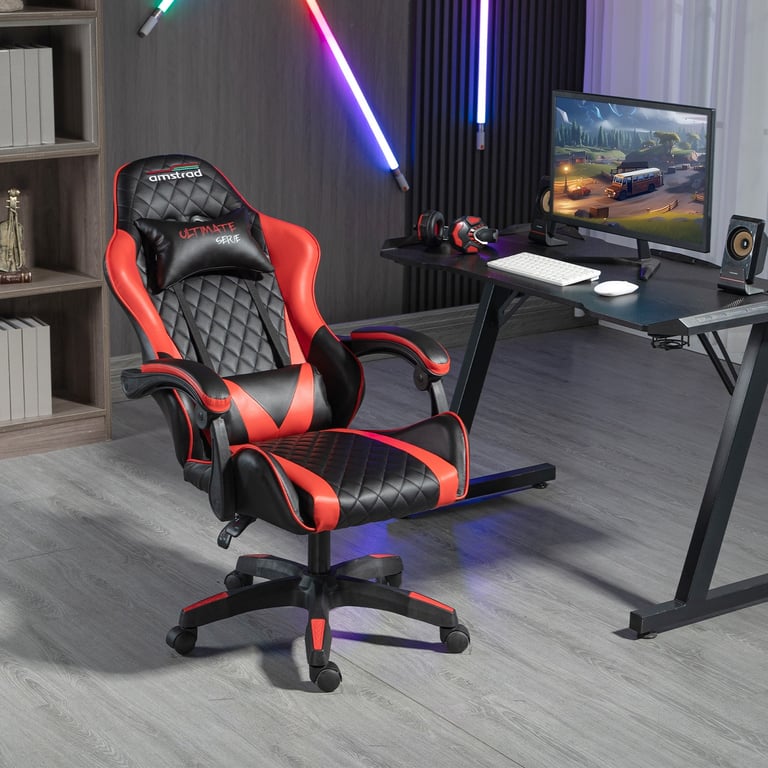 Amstrad ULTIMATE-RED Fauteuil / Chaise de bureau Gamer coloris rouge &  noire - coussin lombaire & appuie tête - Amstrad