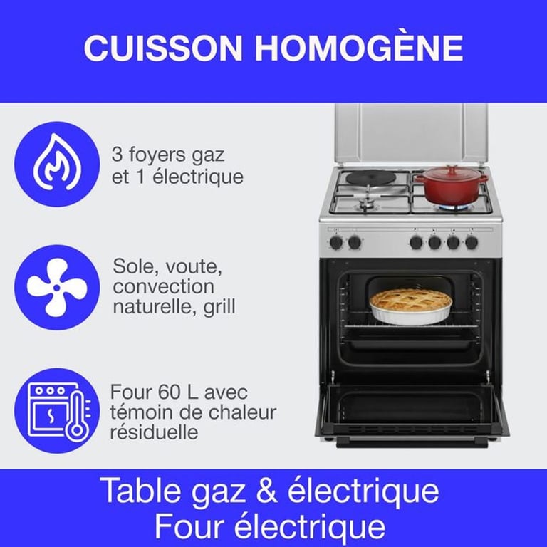 Cuisinière mixte CONTINENTAL EDISON CECM60FCS 3 feux gaz + 1 électrique L59 8 x P61 xH83 cm - vue 6