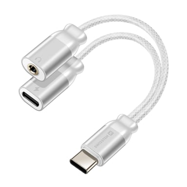 Swissten Adaptador carga/audio USB-C 3.5mm 2en1 nylon Blanco