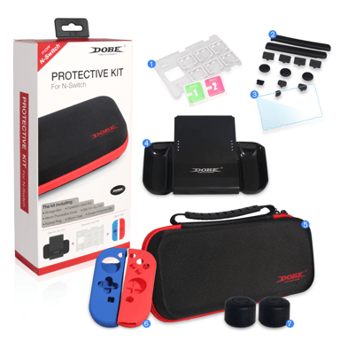 Funda protectora para Nintendo Switch con muchos accesorios.