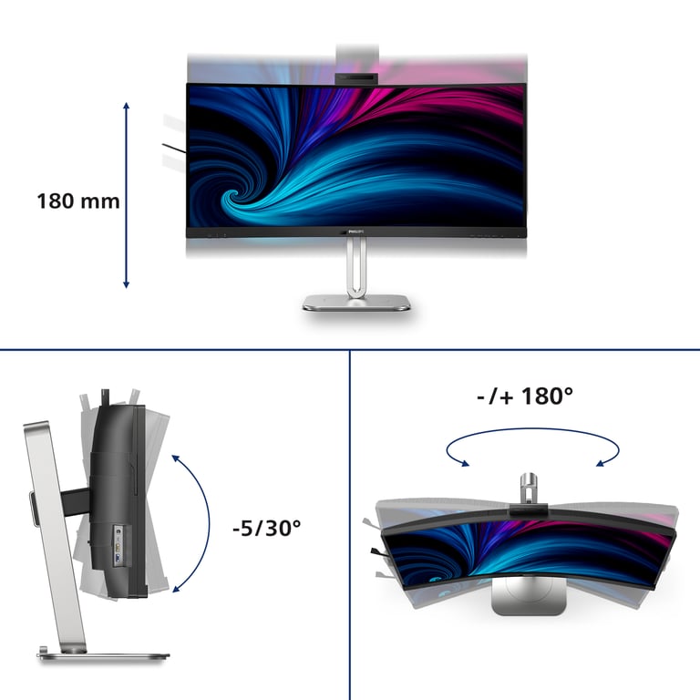 Philips 34B2U6603CH Moniteur incurvé WQHD 34 Pouces réglable en Hauteur Haut parleurs Webcam 5 MP Suppression du Bruit HDR400 3440x1440 HDMI DisplayPort USB C Hub USB - vue 3