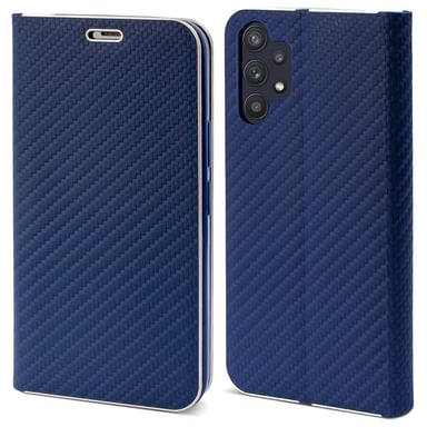 Moozy Étui portefeuille pour Samsung a32 5g, Carbone - Étui à rabat avec bordure métallique, fermeture magnétique, porte-cartes et fonction béquille, bleu foncé