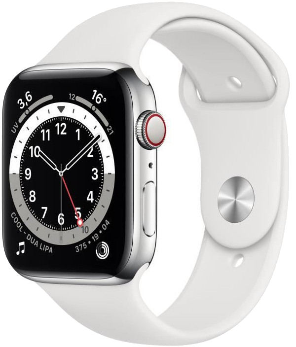 Watch Series 6 (GPS + Cellular), Boîtier en Acier Inoxydable Argent de 44mm, Bracelet Sport Blanc