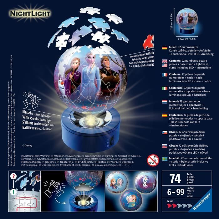 Puzzle Ball 3D 72 pièces illuminé : La Reine des Neiges 2 Frozen 2 Ravensburger France - vue 7