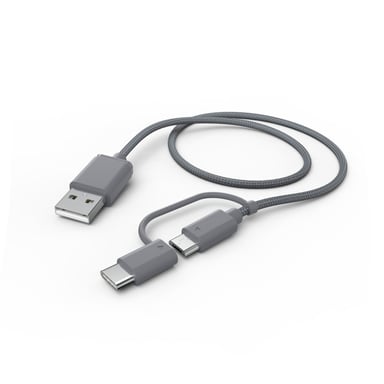 Câble USB 2 en 1, USB-A - micro-USB, avec adaptateur USB-C, 1 m, gris